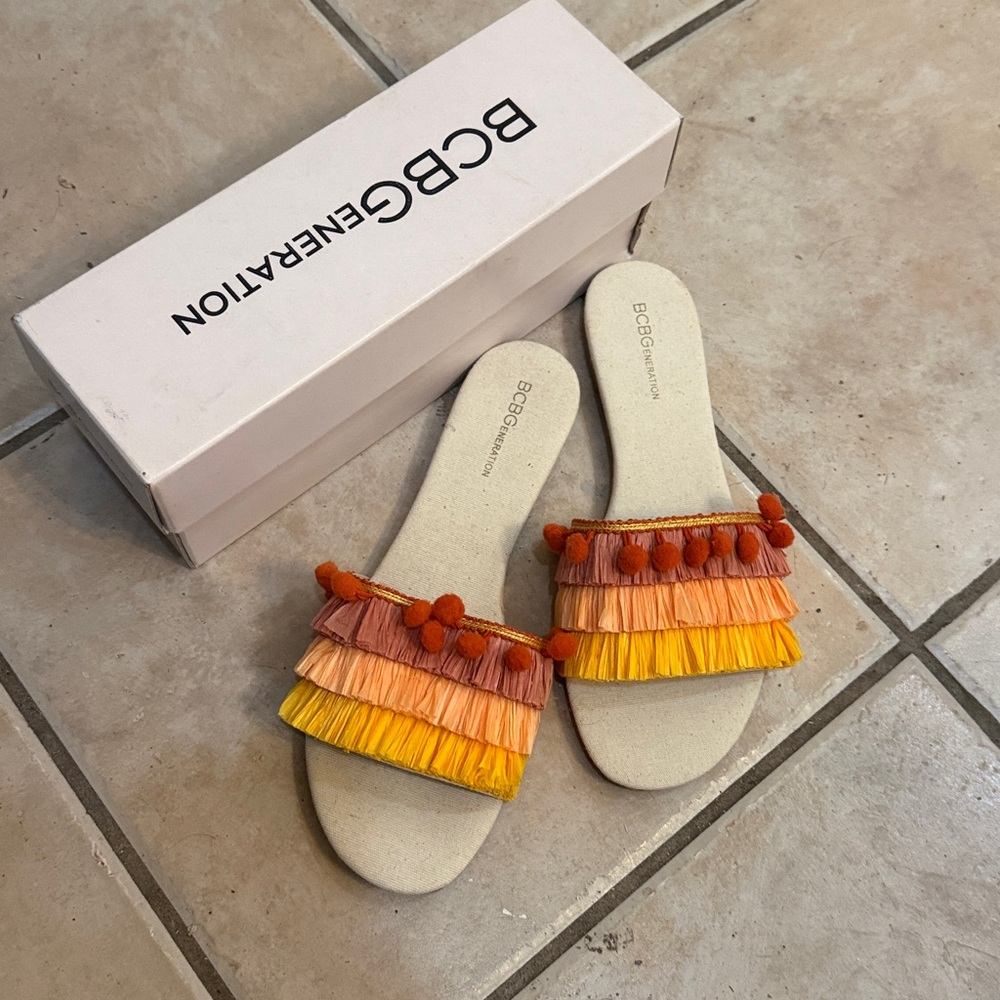 BCBGeneration Vibrant Fringe Slide Sandals